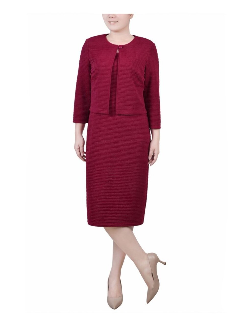 NY Collection Petite Textured 3/4 Sleeve Two Piece Dress Set Dark Red Size 14P